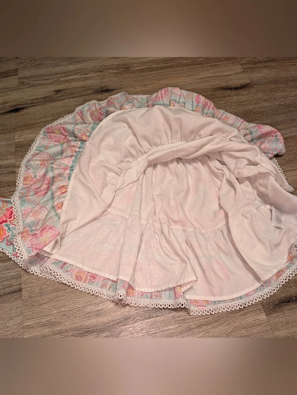 Shabby Chic Pink Seafoam Green Smocked Floral Sundress Lace Trim Girls 3T
